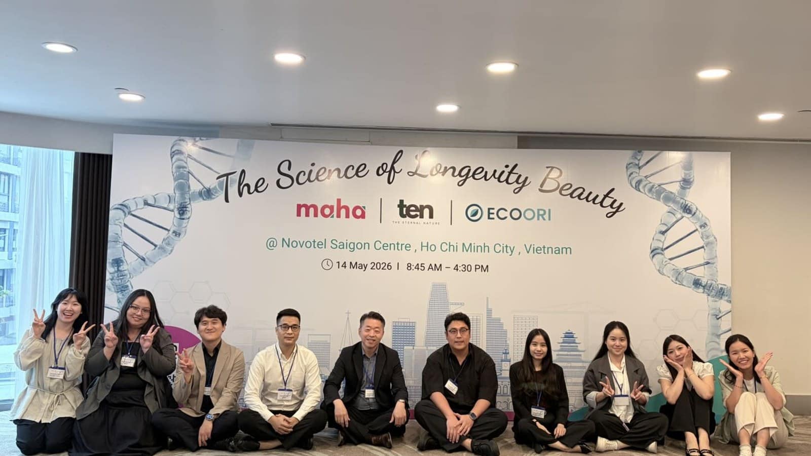 Ecoori, Maha and TEN team at The Science of Longevity Beauty seminar backdrop